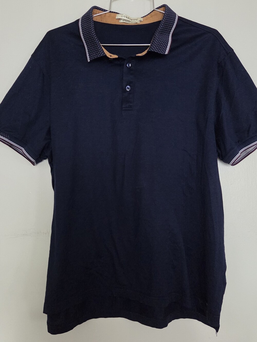 Lorenzoni Polo Shirt Mens Large Chest 48" Ex Fine Italian Cotton Navy Polka Dot